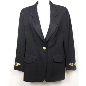 Vintage Elephant‎ Embroidered Blazer Womens S Black Gold 90s Office Career Chic